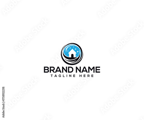 Cozy Home in the Embrace of Night: A serene and stylized logo design, featuring a home nestled under a starry sky, evoking feelings of comfort and security. 