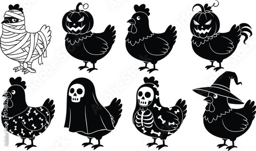 black and white cartoon chickens dressed in various Halloween costumes. Halloween chicken costume dressed as a mummy, pumpkin, ghost witch and skeleton vector illustration 