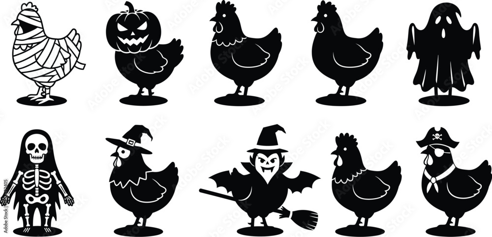 Obraz premium Black and white cartoon chickens dressed in various Halloween costumes. Halloween chicken costume dressed as a and skeleton vector illustration