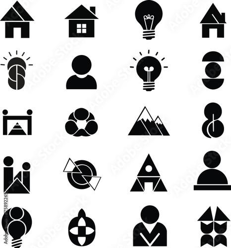 Collection of sixteen different black and white icons arranged in a rectangular grid pattern