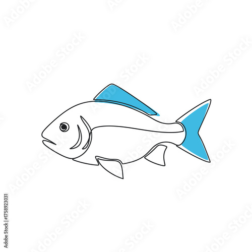 Fish outline drawing vector illustration, simple fish design for logo or icon, blue fin fish art 100char
