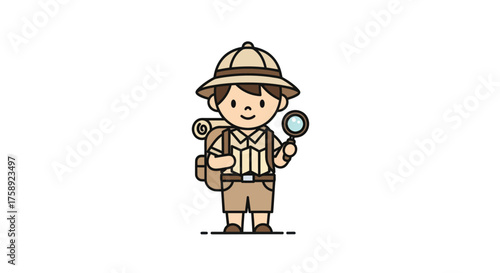 Cute Cartoon Boy Explorer with Pith Helmet Backpack and Magnifying Glass.