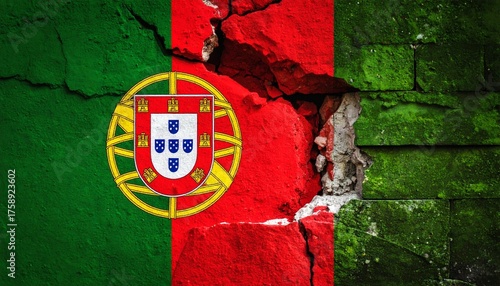 Portuguese flag painted on a cracked textured wall