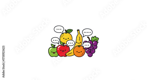 Adorable Cartoon Fruits with Speech Bubbles Communicating.