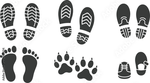 Black and white foot prints. Foot print icons, paw print. 