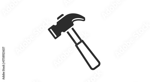 Simple Black Hammer Icon with Wooden Handle Isolated.