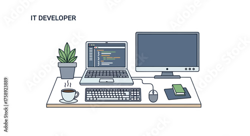 IT Developers Desk Setup with Laptop Monitor Keyboard Mouse Plant Coffee and Phone.