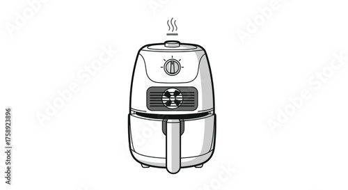 Monochrome illustration of a modern air fryer kitchen appliance with steam.