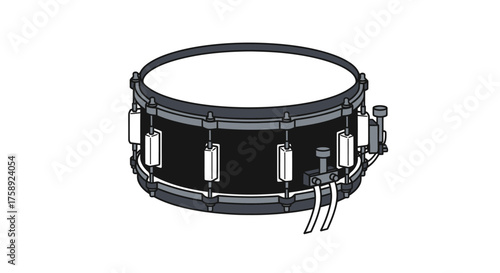 Black Snare Drum with White Drumhead and Hardware.
