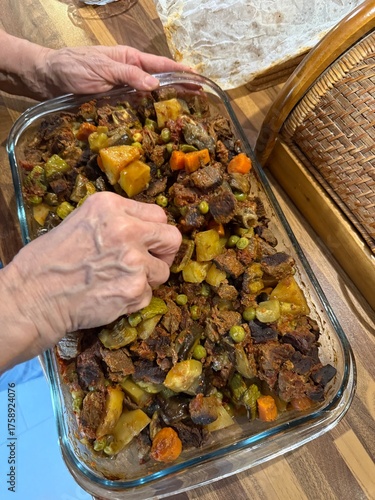 From Turkish cuisine meat, vegetable kebab, casserole. Turkish name Maras Tava or Kahramanmaras Tava