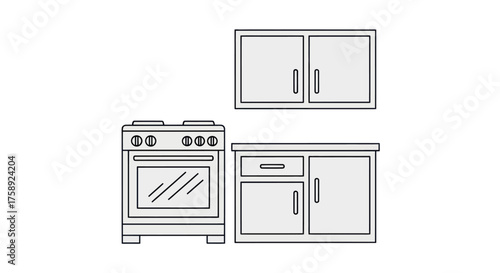 Kitchen appliance set: stove cabinets and countertop in a minimalist line art style.