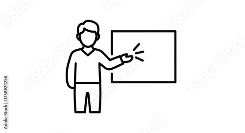 Line art illustration of a person presenting at a whiteboard.