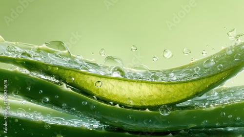 Exclusive photo of close up of fresh aloe vera plant with water droplets.