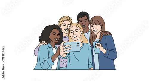 Smiling Diverse Young Friends Taking a Group Selfie with a Smartphone Illustration.