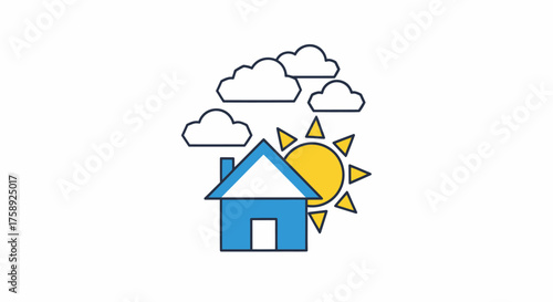 Simple Blue House Under Sunny Sky with Clouds.