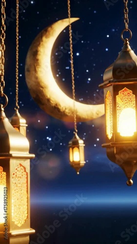 Ramadan Kareem animated video background with moon, lantern, and twinkling stars