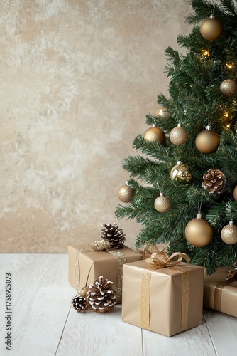 Christmas tree decorated with ornaments and presents set against a textured background creating a warm holiday atmosphere