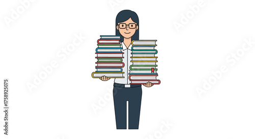 Woman Holding Large Stack of Books Wearing Glasses.