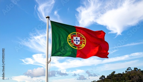 The national flag of Portugal flying on a flagpole against a bright blue sky with scattered white clouds