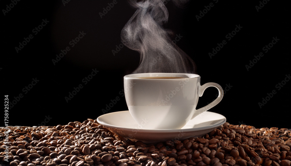 Obraz premium Steaming Coffee Cup Put On Coffee Beans Isolated On Black Background