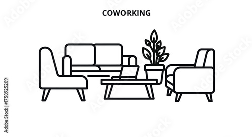 Modern Coworking Space Lounge Area with Furniture and Plant.