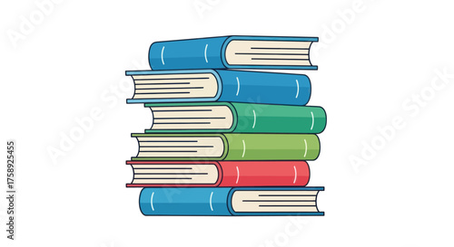 Stack of colorful hardcover books with visible pages.