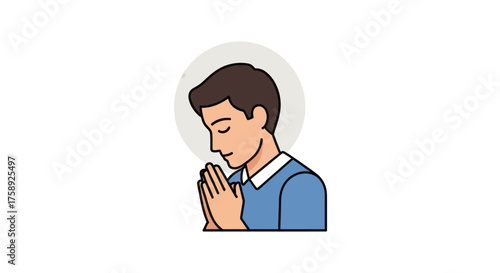 Young man with closed eyes praying with hands clasped together.