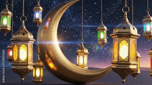 Golden crescent moon and lanterns twinkle against a starry night Ramadan celebration