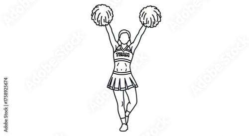 Black and White Line Art Drawing of a Cheerleader with Pom-Poms.