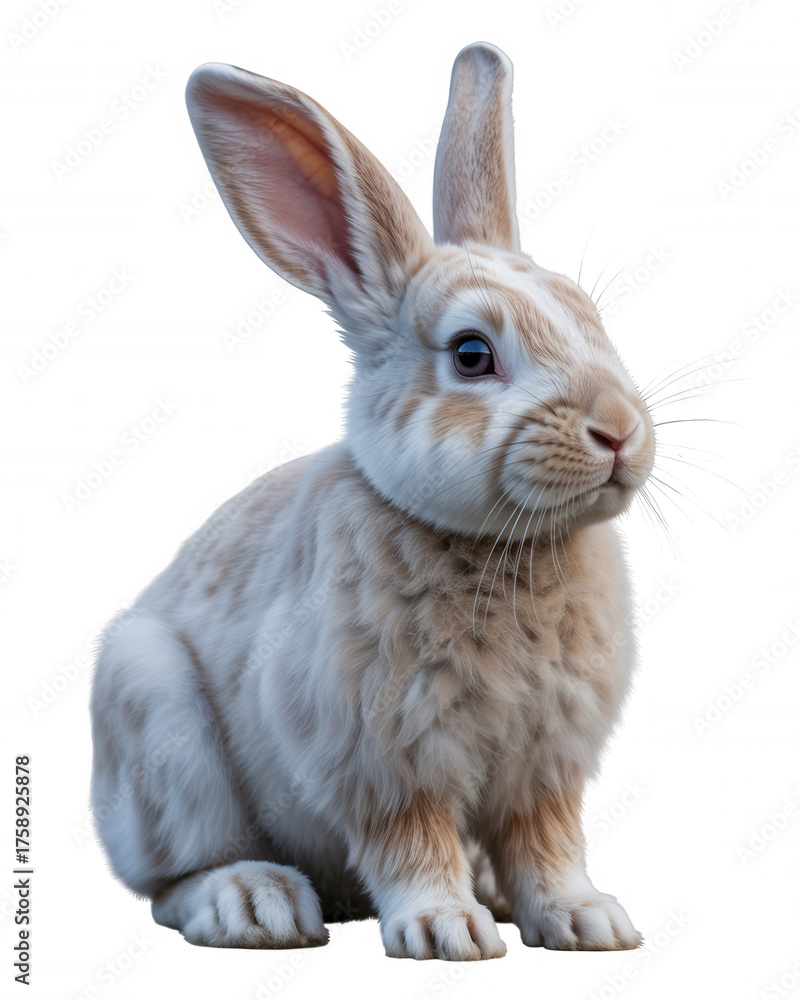 Obraz premium Realistic transparent background white bunny rabbit sitting upright on black background animal