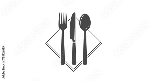 Elegant Black Cutlery Set with Napkin Illustration.