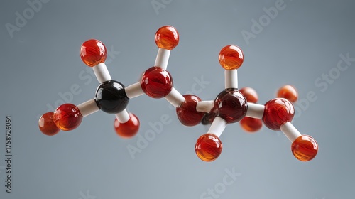 A 3D rendering depicts a caffeine molecule against a gray backdrop. The image isolates the molecular structure of caffeine, showcasing it in a three-dimensional format.
 
