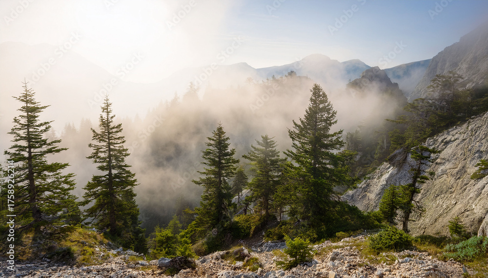 Fototapeta premium A Misty Mountain Landscape Featuring Pine Trees On Rocky Peaks Creating A Serene And Natural Outdoor Environment