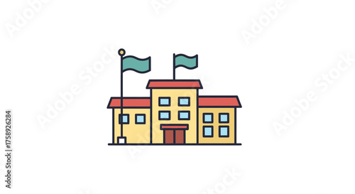 Colorful Cartoon School Building with Two Flags Flying.