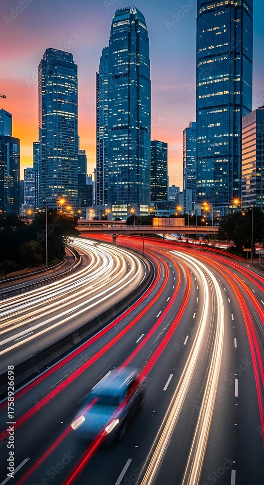 Obraz premium A curving highway at dusk, with streaks of light from speeding vehicles, stretches beneath a skyline of illuminated high-rise buildings.