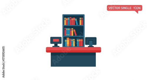 A dark blue library circulation desk with two computers and a bookshelf filled with colorful books.