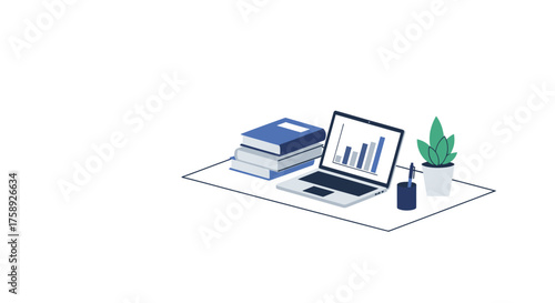 Desk setup with laptop books plant and pen.