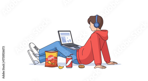 Young Person Relaxing with Laptop Snacks and Headphones.