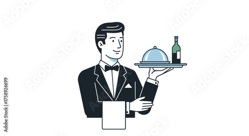Elegant Waiter in Tuxedo Serving Food and Wine on a Tray.
