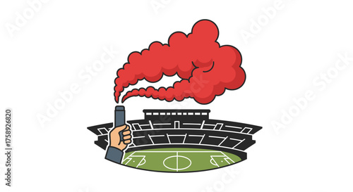 Stadium with Red Smoke Flare Hand Holding Pyrotechnic Device Football Field.