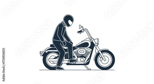 Stylized illustration of a person riding a classic cruiser motorcycle.