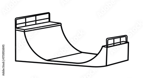 Simple Black and White Line Art Drawing of a Skateboard Half-Pipe Ramp.