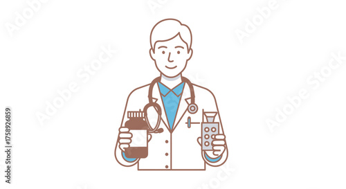 Smiling Male Doctor Holding Medicine Pills and Blister Pack Illustration.
