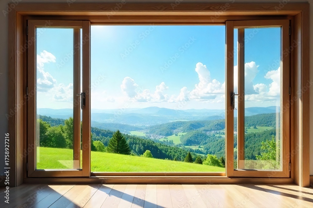 Fototapeta premium Breathtaking Panoramic View Sunlight Streams Through Window onto Rolling Hills