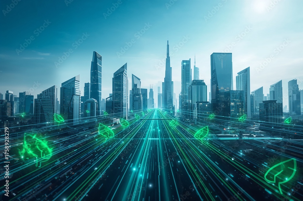 Fototapeta premium Futuristic city skyline with green leaves and glowing lines representing sustainable technology