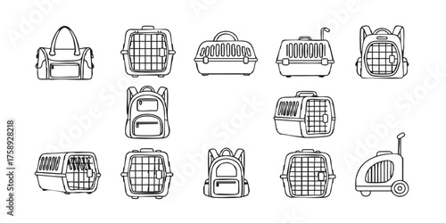 Set of pet carrier outline icons vector

