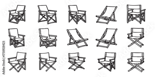 Set of camping chair folding outline icons vector
