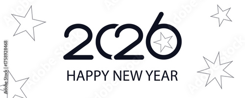 card or banner to wish a happy new year 2026 in black on a white background with black stars