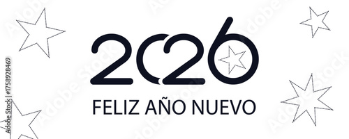 Tarjeta o pancarta para desear un feliz año nuevo 2026 en negro sobre fondo blanco con estrellas negras