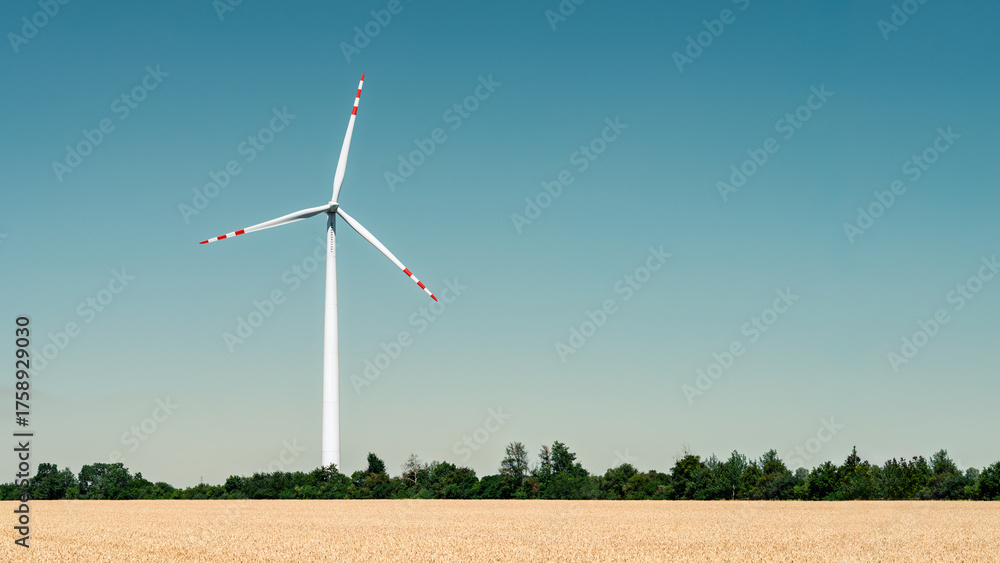 Fototapeta premium Single wind turbine rising over golden wheat field and tree line under clear blue sky, clean renewable energy and sustainable rural landscape with copy space